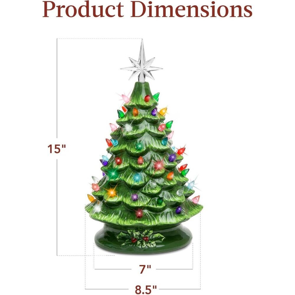 15in Ceramic Christmas Tree Pre lit Hand Painted Tabletop Holiday Tree 64 Lights - Picture 7 of 7